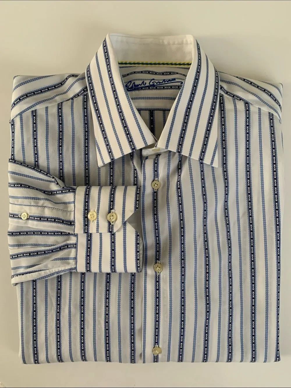 Robert Graham White & Blue Vertical Stripe Men's Dress Shirt Size L